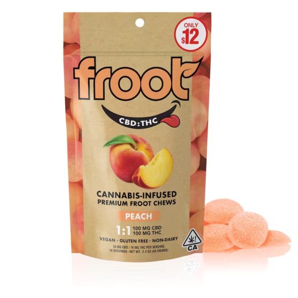 Froot Peach 1:1 CBD:THC Gummies – 100mg CBD: 100mg THC